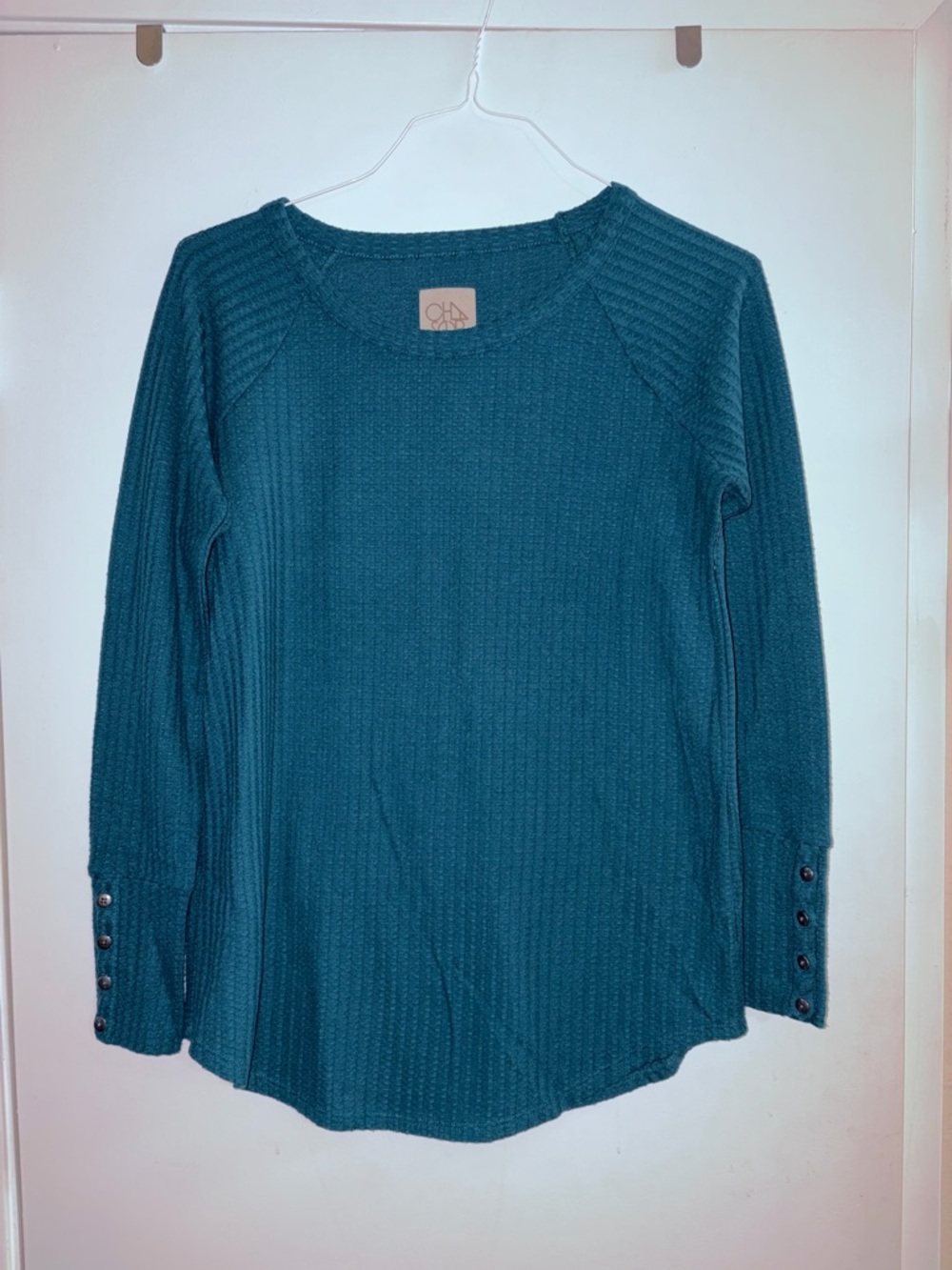 Chaser Teal Ribbed Knit Top w/ Button Sleeve Detail